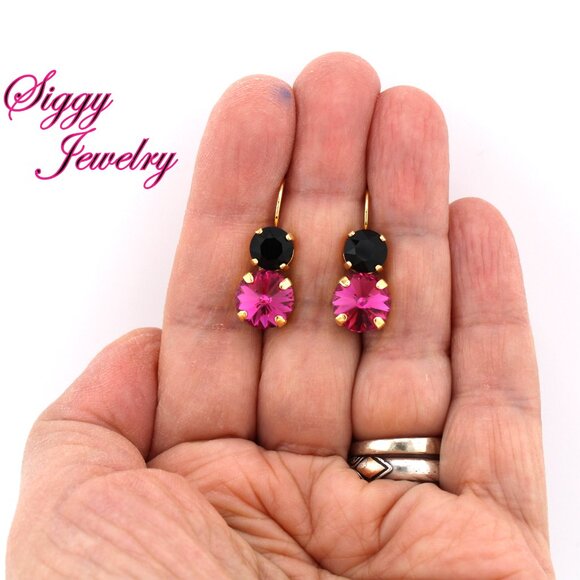 Fuchsia and Jet Black Crystal Earrings in Gold Plated Lever Back Settings - Picture 6 of 7
